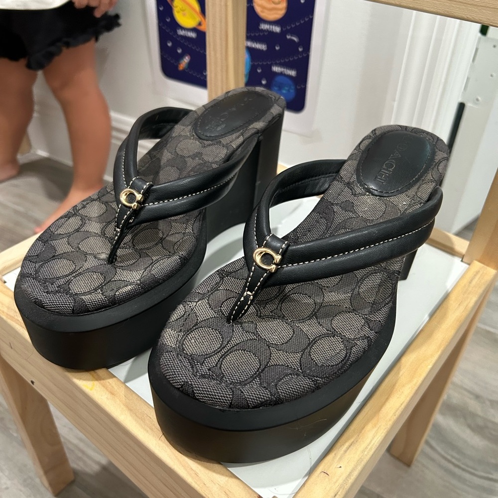 Coach Black and Gray Platform Flip-Flops